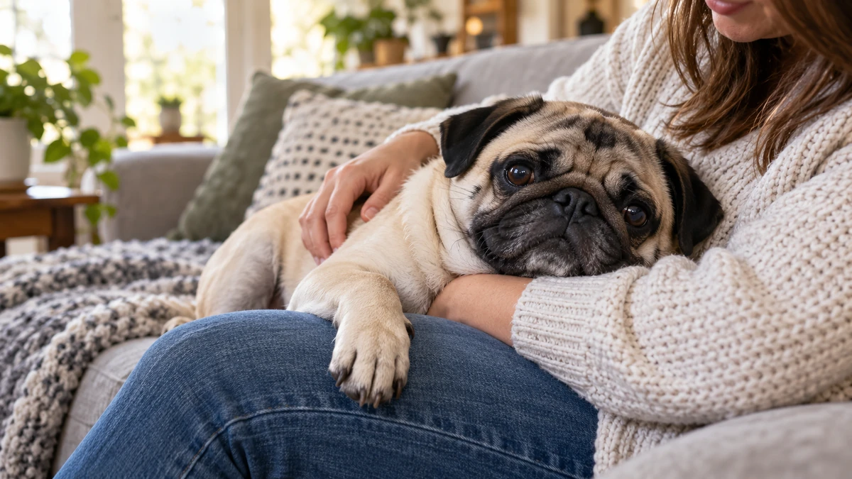 Pug köpek — sahibinin kucağında