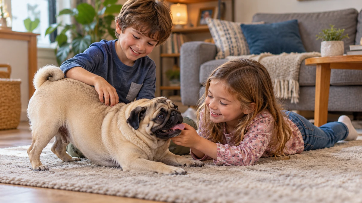 Pug köpek — çocuklarla oyun