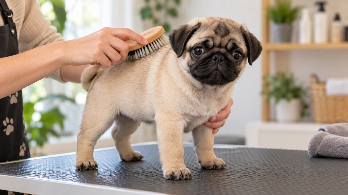 Pug yavru köpek — tüy bakımı ve fırçalama