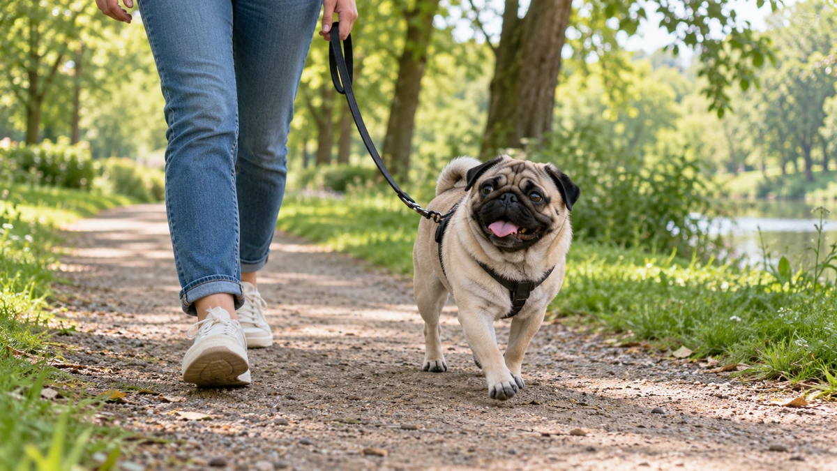 Pug köpek — parkta yürüyüş ve egzersiz